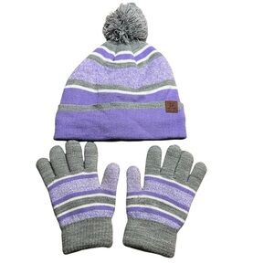 Fleece Lined Girl’s Beanie and Glove Set- Purple and Gray Stripe w/ Matching Pom